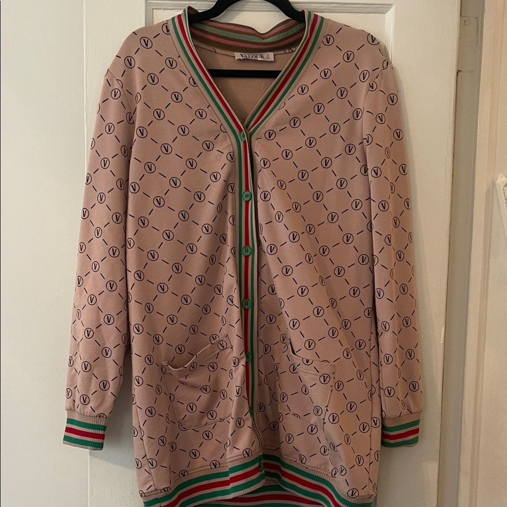 Beige, Green and Red Cardigan with Patterned Design